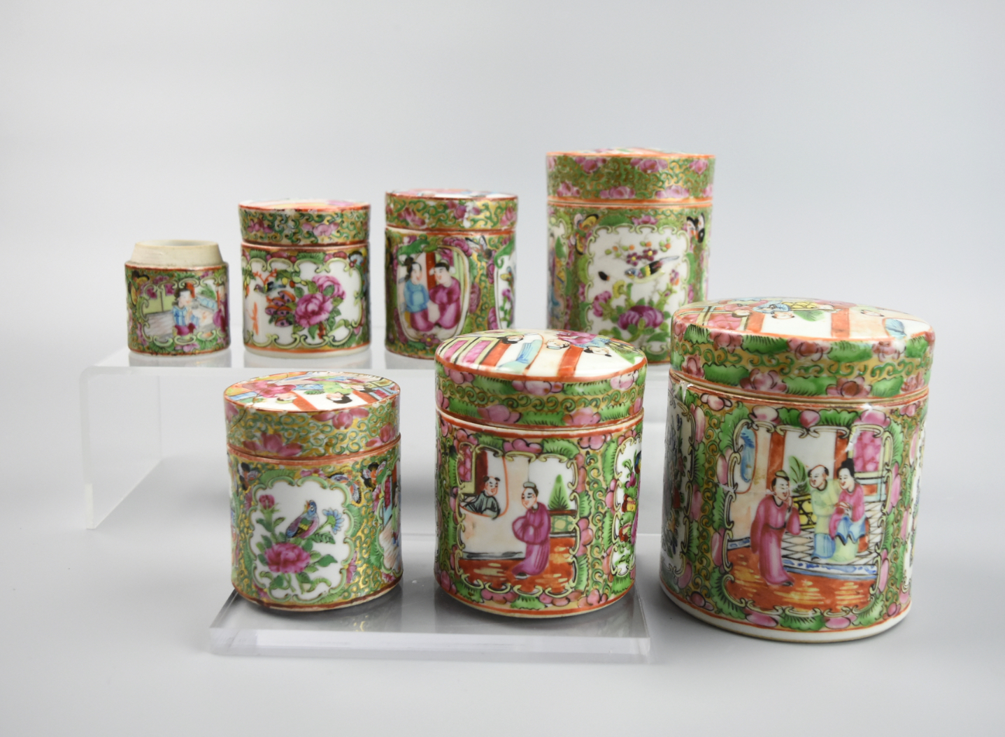 Appraisal: SET OF CANTONESE GLAZED COVERED JARS TH C A set