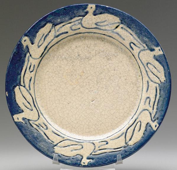 Appraisal: PEWABIC Early and rare crackleware plate incised with ducks on