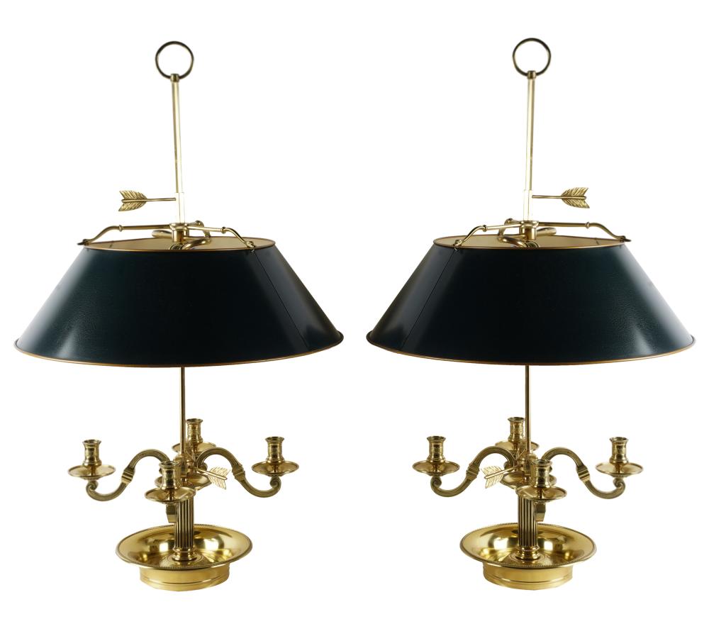 Appraisal: PAIR OF BRASS BOUILLOTTE LAMPSeach with adjustable black tole shade