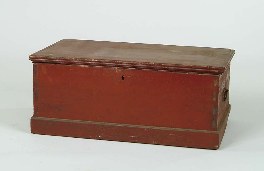 Appraisal: RED PAINTED STORAGE BOX Hinged lid has applied molded edge