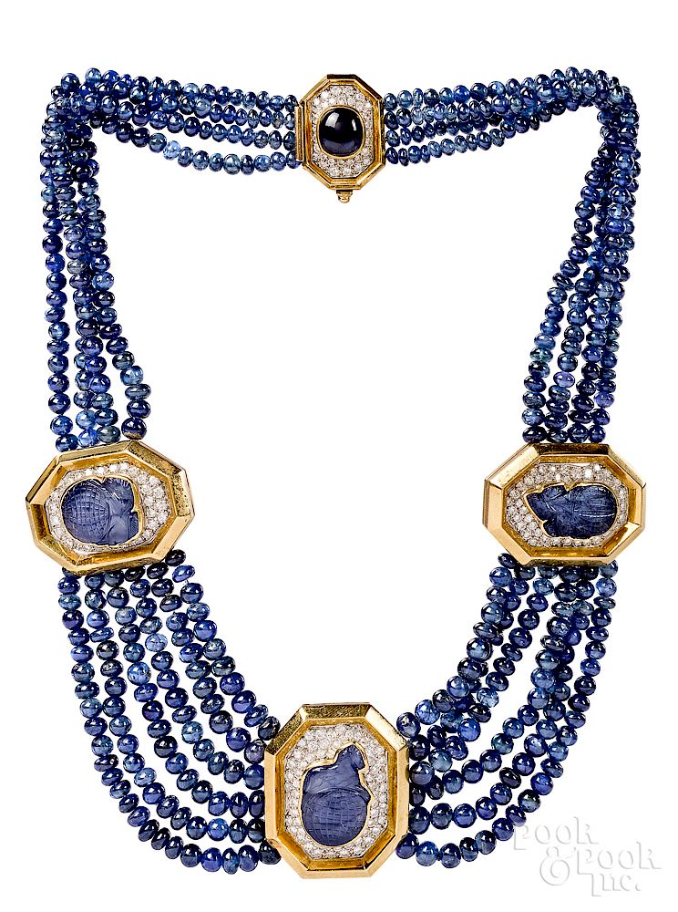 Appraisal: K gold Carimati beaded sapphire diamond necklac K yellow gold