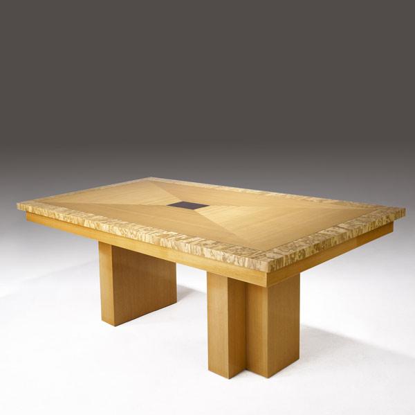 Appraisal: GIORGIO Art Deco-inspired double-pedestal dining table with geometric inlay to