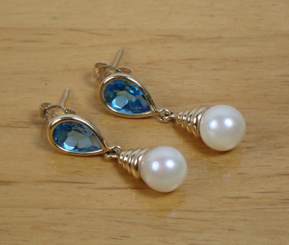 Appraisal: PAIR OF BLUE TOPAZ AND PEARL DANGLE EARRINGS each k