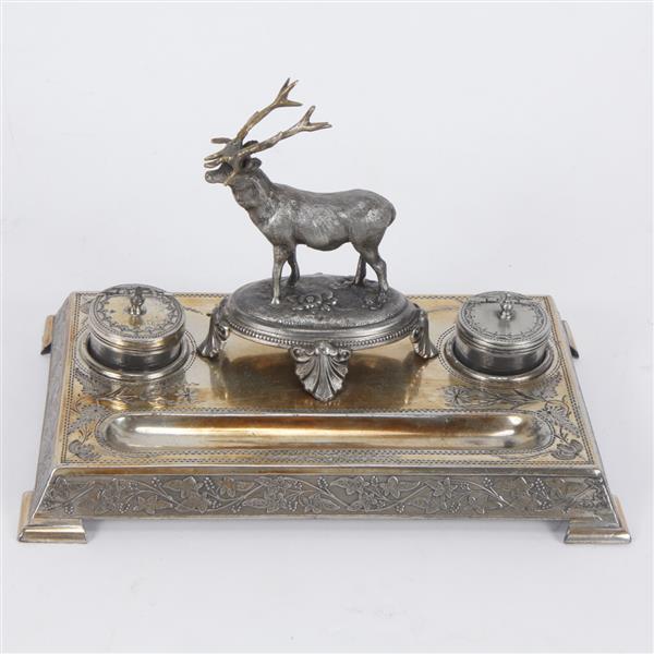 Appraisal: Victorian silver plated figural stag elk standish double inkwell desk