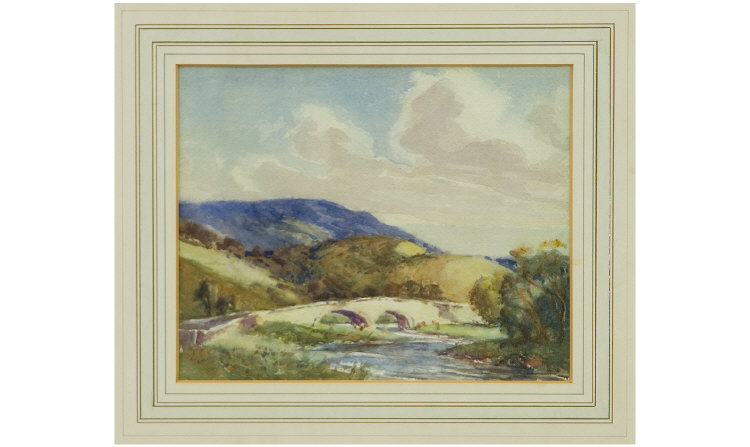 Appraisal: Framed Watercolour unsigned 'Bridge over a River' with hills in