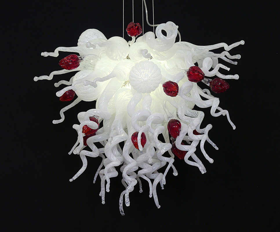 Appraisal: WHITE BLOWN GLASS RED TULIP CHANDELIER Blown glass with white