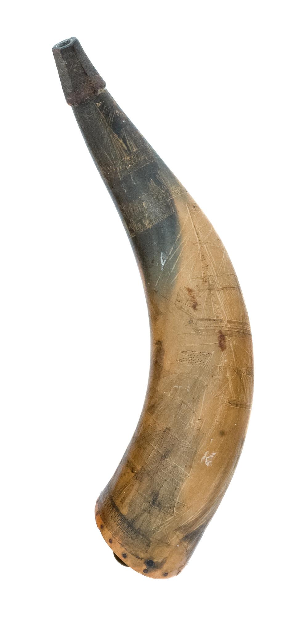 Appraisal: ENGRAVED POWDER HORN FIRST HALF OF THE TH CENTURY LENGTH