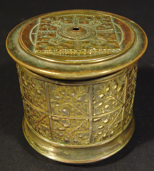 Appraisal: Cylindrical Arts and Crafts brass string box and cover embossed