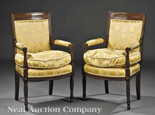 Appraisal: A Pair of Directoire-Style Mahogany Fauteuils each rectangular back cresting