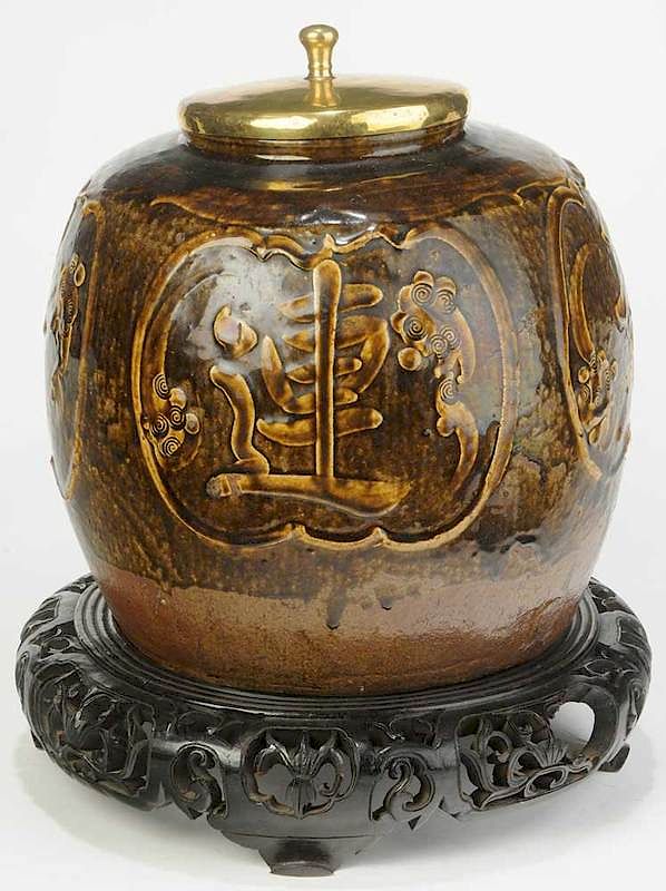 Appraisal: Large Chinese Prosperity Jar on Carved Stand oviform with bronze