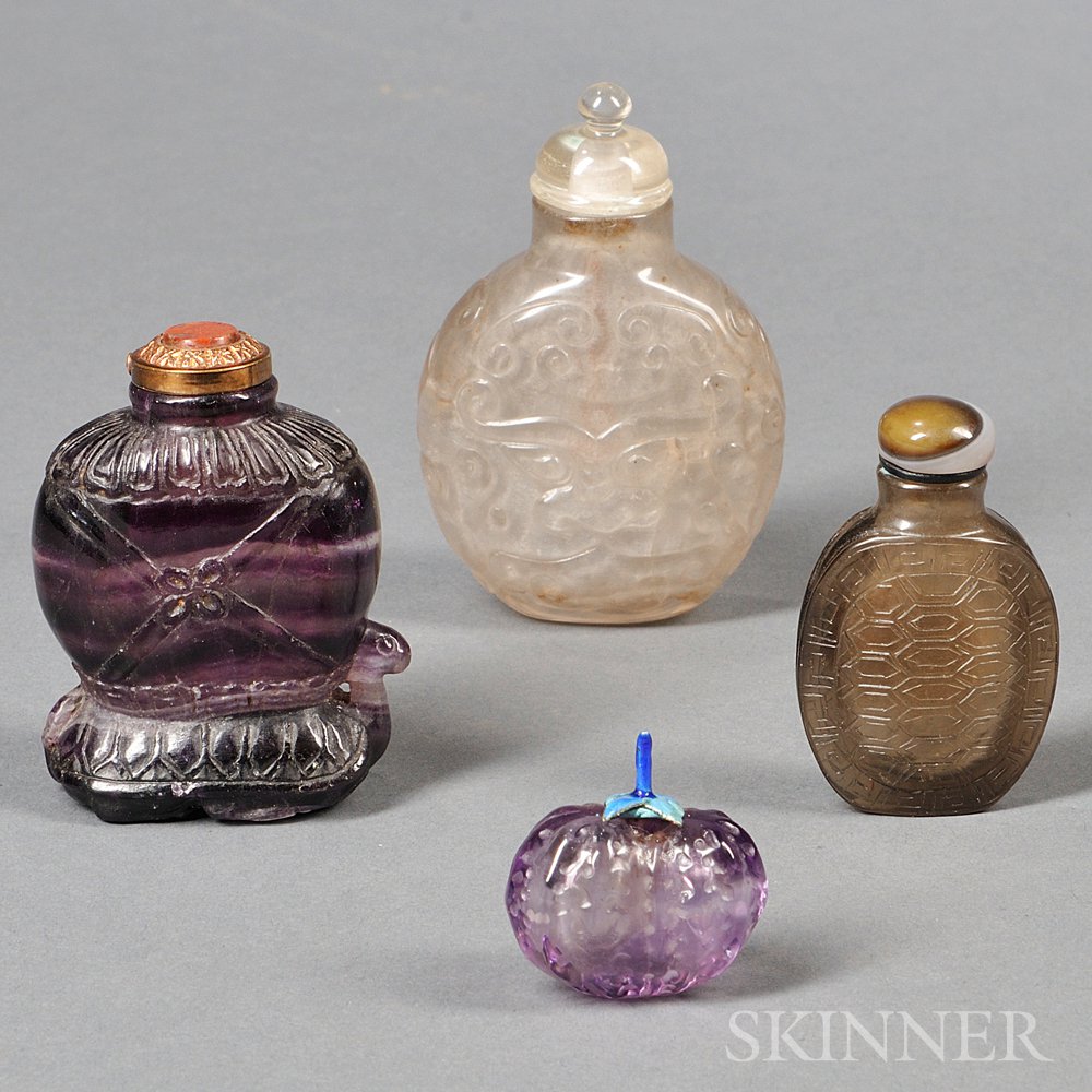 Appraisal: Four Snuff Bottles China an amethyst fruit-shape snuff with cloisonne