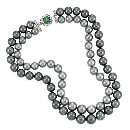 Appraisal: Double Strand Gray and Black Cultured Pearl Necklace with Emerald