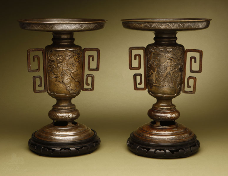 Appraisal: Japanese Shogunal silver-inlaid bronze vases Edo Japanese Shogunal silver-inlaid bronze