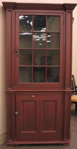 Appraisal: Antique painted two piece corner cupboard with twelve pane glass