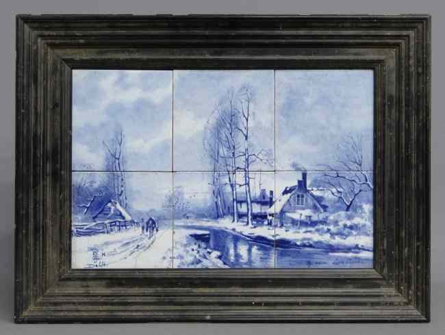 Appraisal: Framed set of Delft tiles bottom left tile has crack