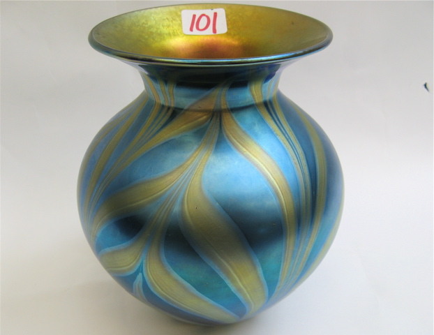 Appraisal: LUNDBERG SIGNED ART GLASS VASE Blue Luster Corset iridescent blue