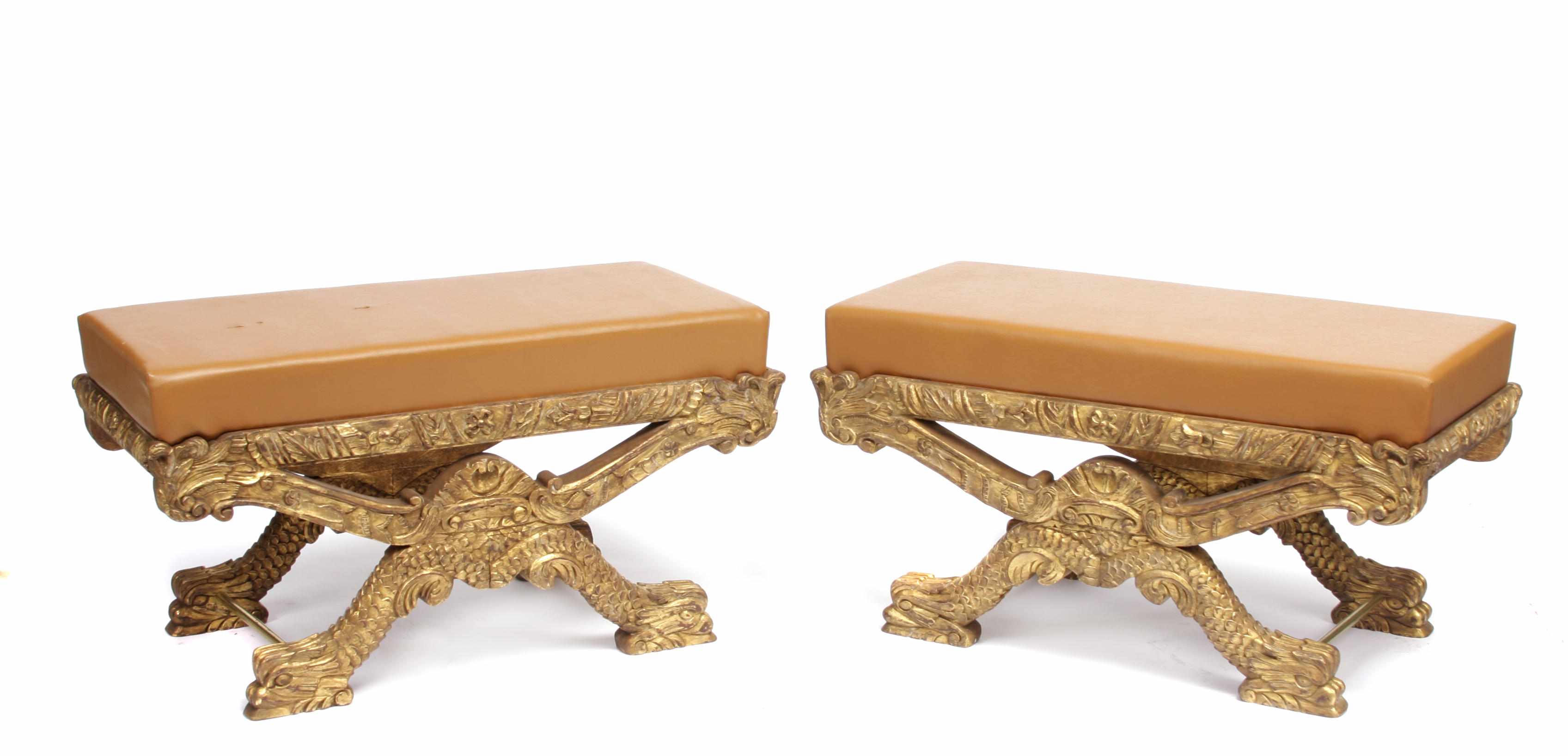 Appraisal: A pair of Rococo style upholstered giltwood benches height in