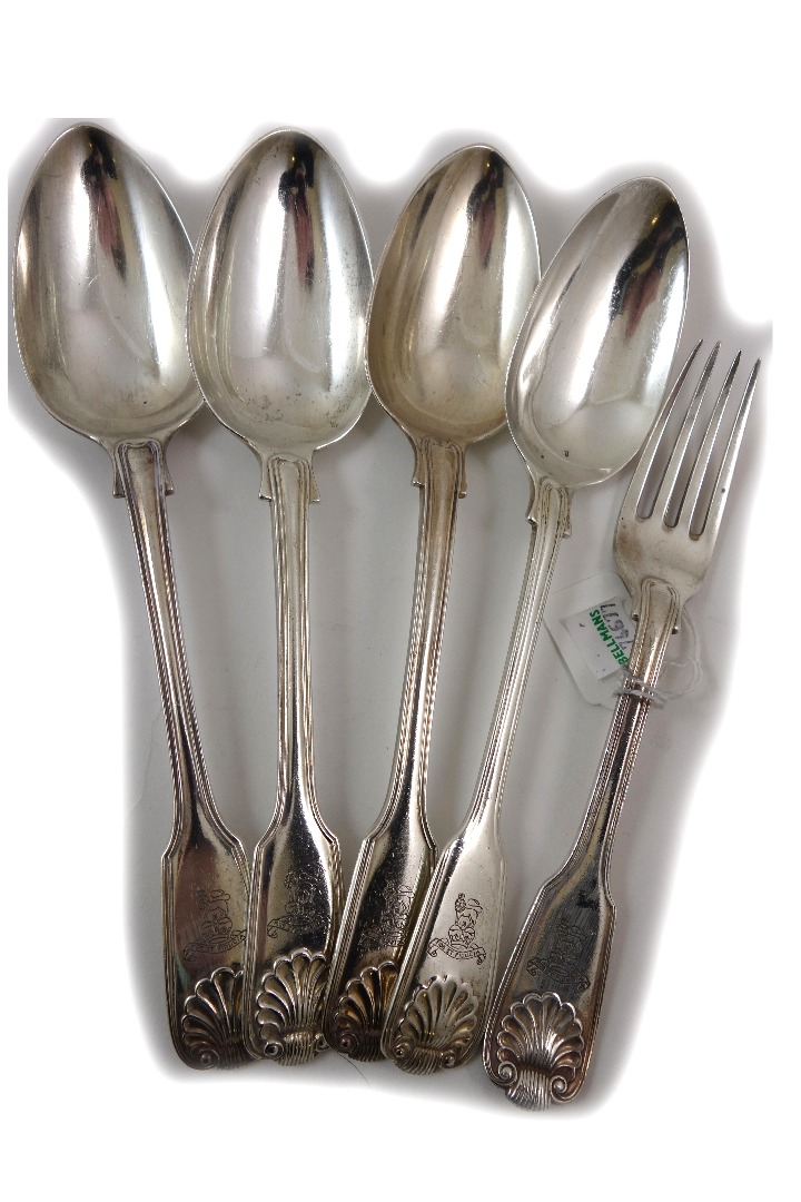 Appraisal: Four Victorian silver fiddle thread and shell pattern tablespoons varying