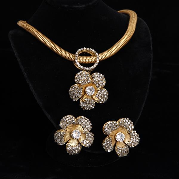 Appraisal: Miriam Haskell pc Gold Rhinestone Flowers Necklace Clip Earrings