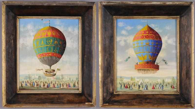 Appraisal: FRENCH SCHOOL TWO HOT AIR BALLOONS TH C Oils on