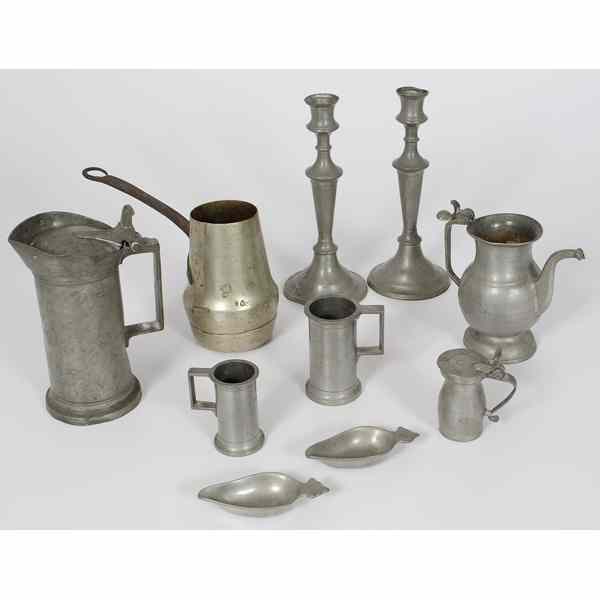 Appraisal: French Pewter Measures Plus French An assembled group of four