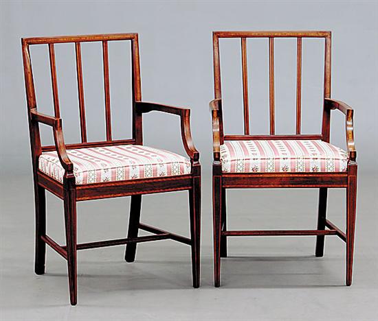 Appraisal: Pair Sheraton style inlaid mahogany armchairs rectangular back with verticals