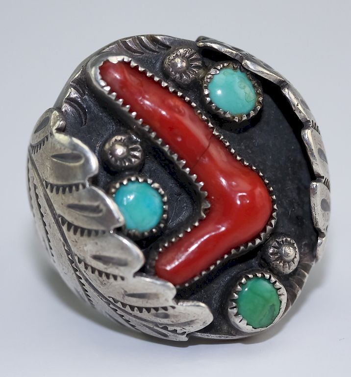 Appraisal: Native American Indian Silver Coral Navajo Ring Guaranteed Authentic Vintage