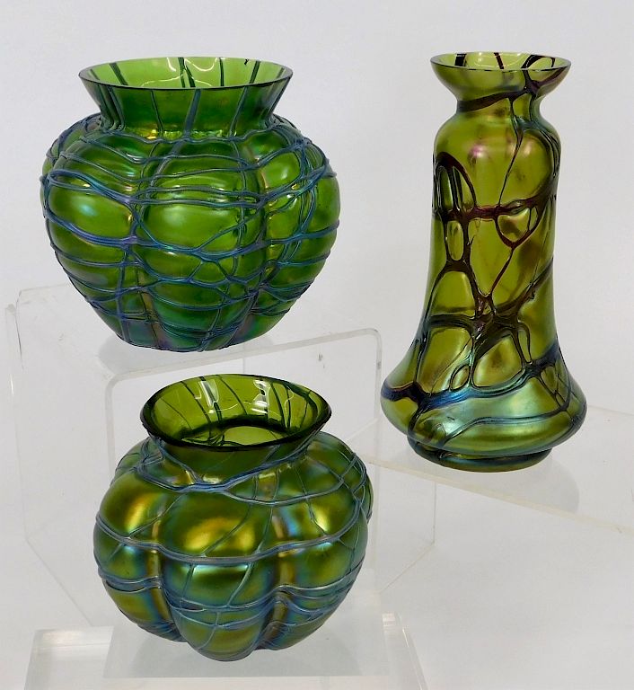 Appraisal: PC Pallme Konig Iridescent Veined Glass Group Czechoslovakia Circa Includes