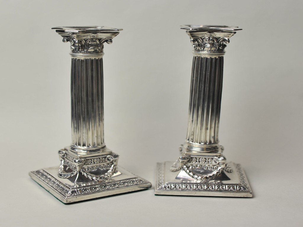 Appraisal: Pair of silver Corinthian column candl