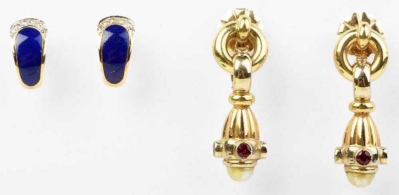 Appraisal: Two Pairs Gold and Gemstone Earrings fluted drops each with