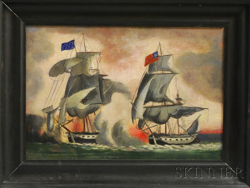 Appraisal: American School th Century American and British Battleship Scene Unsigned