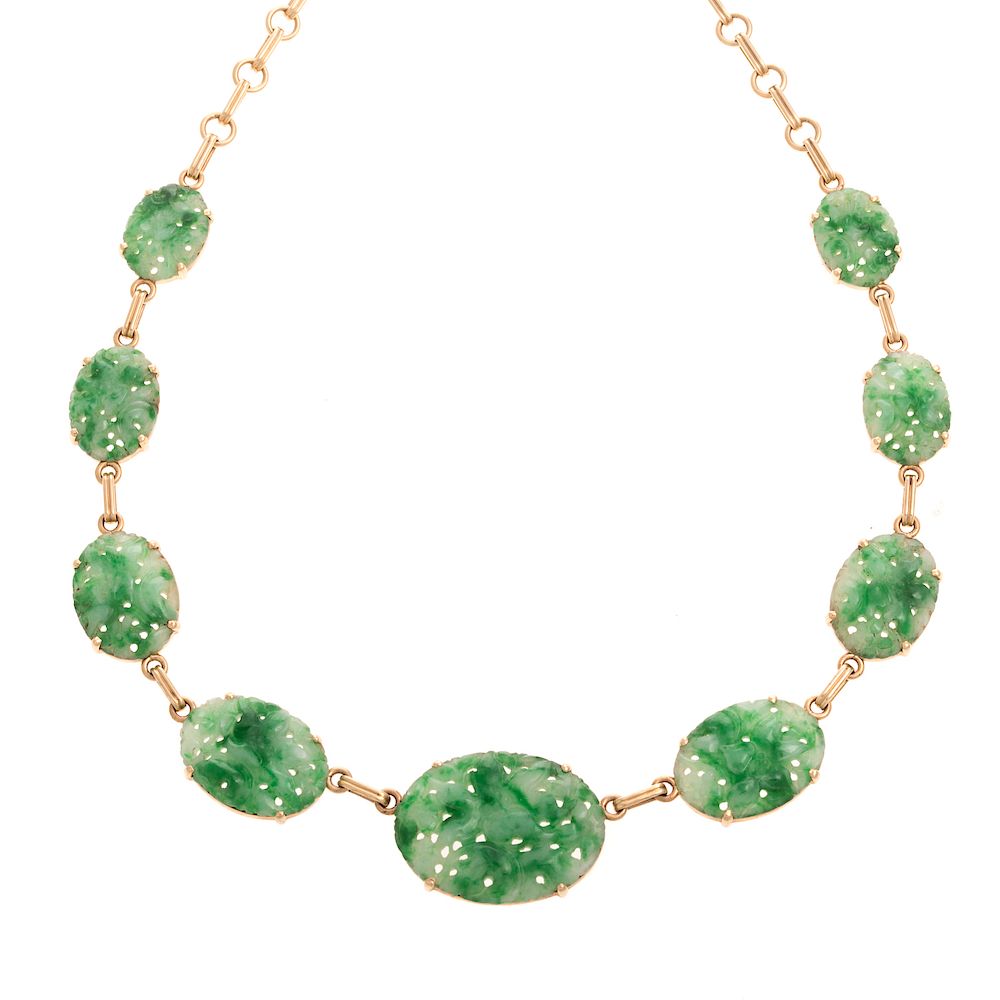 Appraisal: A Ladies Carved Floral Jade Necklace in K K yellow