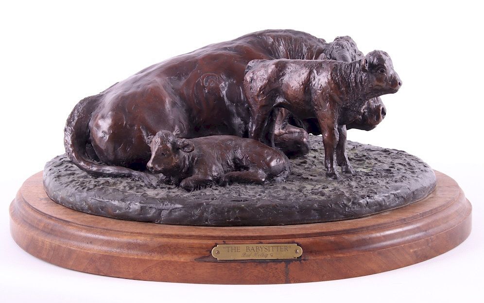 Appraisal: E E Bud Belbig Babysitting Steer Bronze LARGE This is