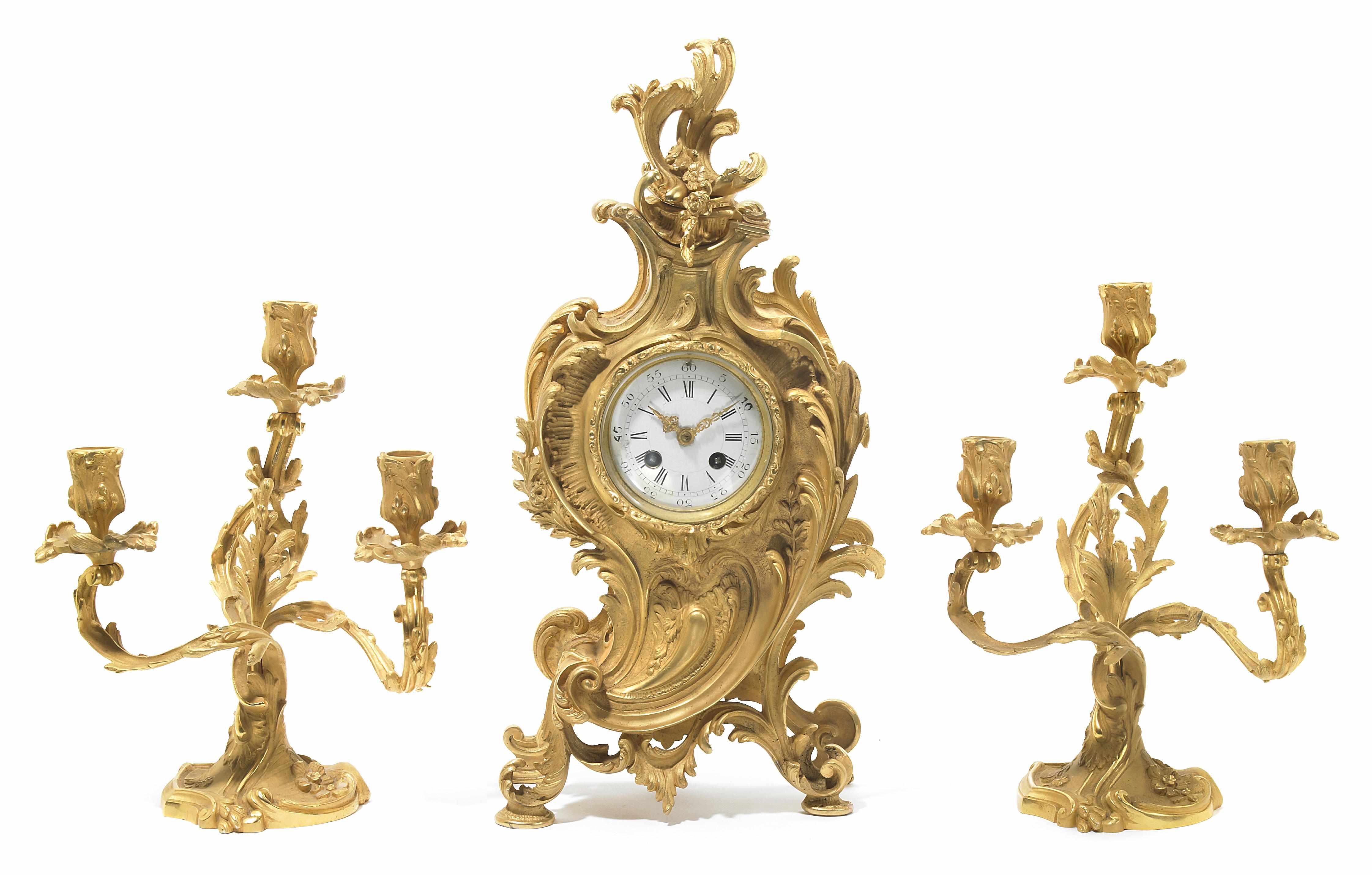 Appraisal: An assembled Louis XV style gilt bronze clock garniture late