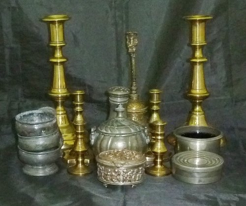 Appraisal: A pewter jar and cover a pair of brass candlesticks