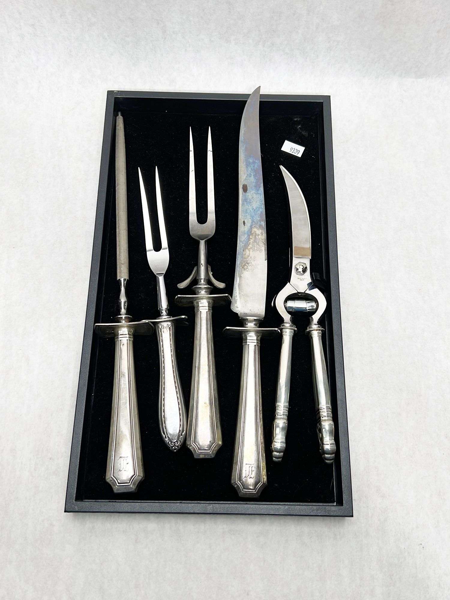 Appraisal: Sterling Silver Handled Carving Sets and Kitchen Shears longest knife