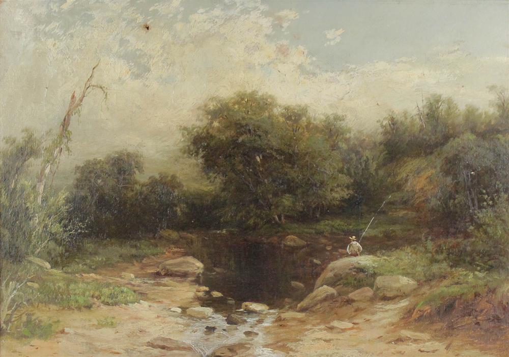 Appraisal: TH CENTURY SEATED FISHERMAN BY THE RIVER Oil on canvas