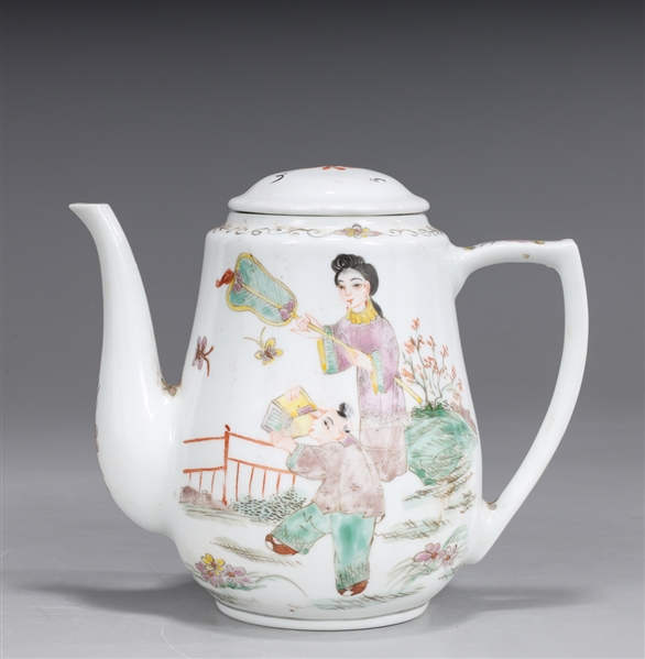 Appraisal: Chinese decorated enameled white porcelain covered teapot with two figures