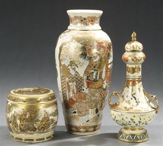 Appraisal: THREE PIECES JAPANESE SATSUMA EARTHENWARE Late Meiji period Vase and