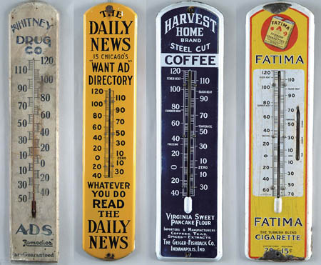 Appraisal: LOT OF FOUR ADVERTISING THERMOMETERS Lot includes porcelain FATIMA thermometer