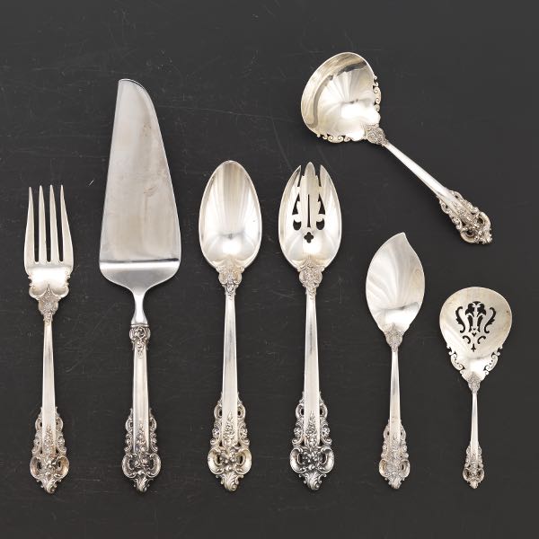 Appraisal: WALLACE SEVEN STERLING SILVER SERVING UTENSILS GRANDE BAROQUE PATTERN Totaling