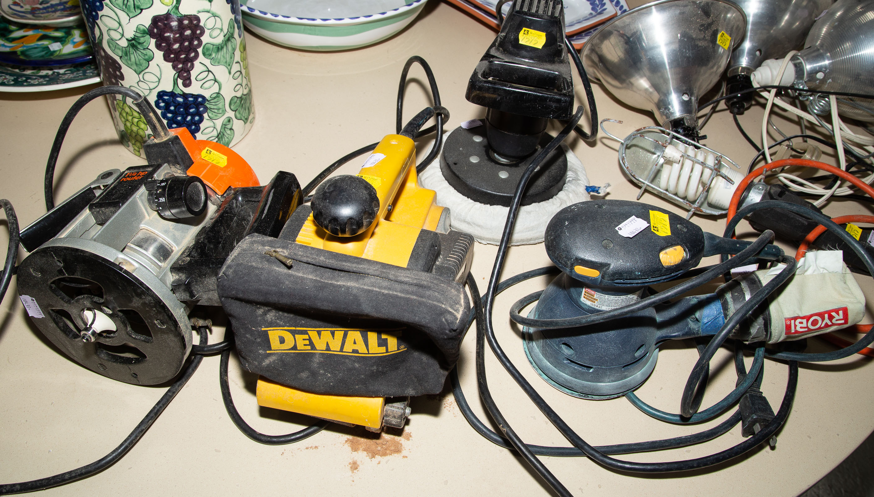 Appraisal: ASSORTED HAND TOOLS DROP LIGHTS Including Dewalt belt sander Ryobi