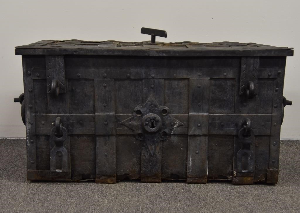 Appraisal: th c German iron strong box probably Nuremberg interior with