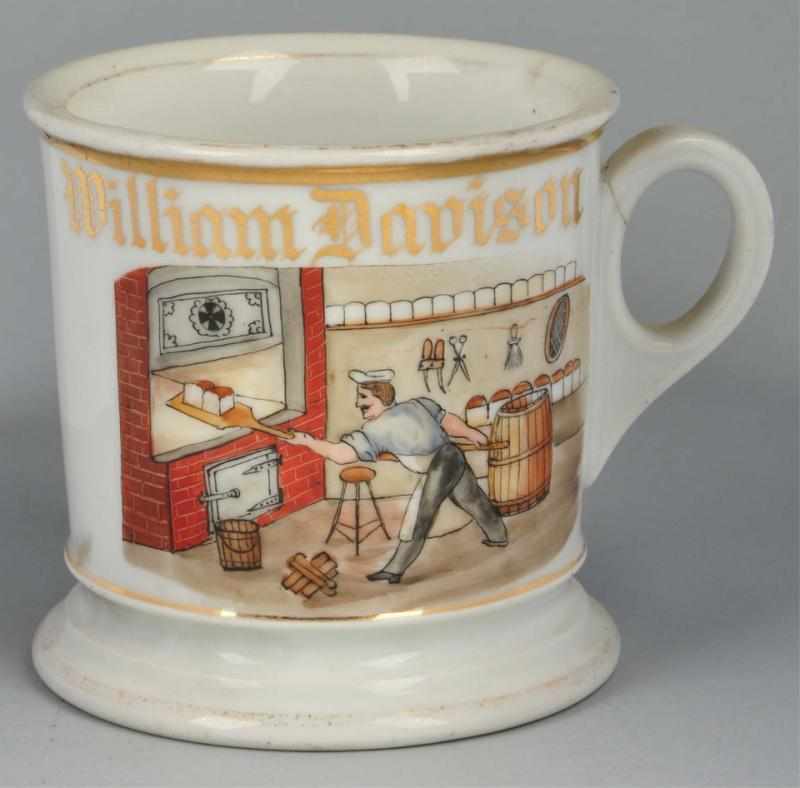 Appraisal: Baker Baking Bread in Brick Oven Shaving Mug Description Gilt