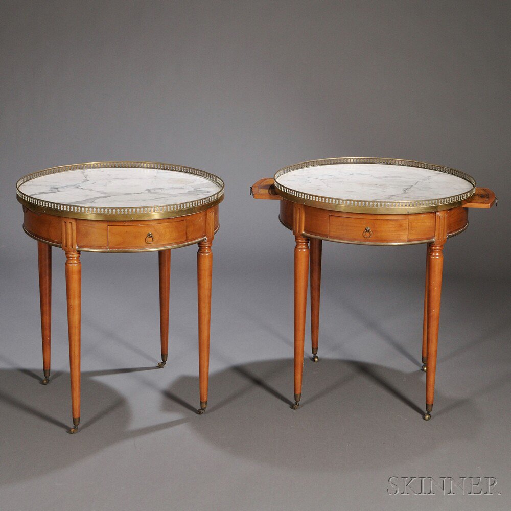 Appraisal: Pair of Louis XVI-style Brass-mounted Marble-top Tulipwood Occasional Tables France