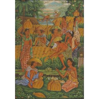 Appraisal: Balinese Oil On Canvas Laid on Cardboard Harvest Balinese Oil