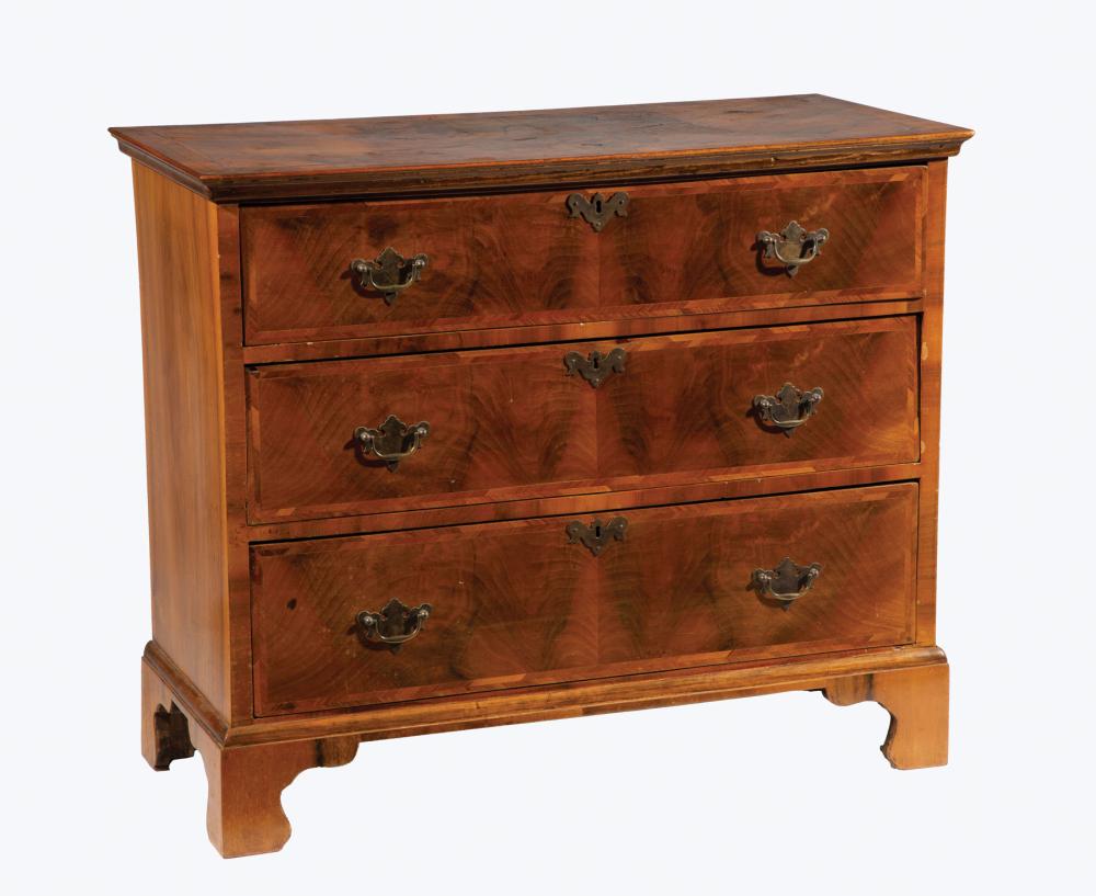 Appraisal: Antique English Oyster Veneer Chest molded top three graduated drawers