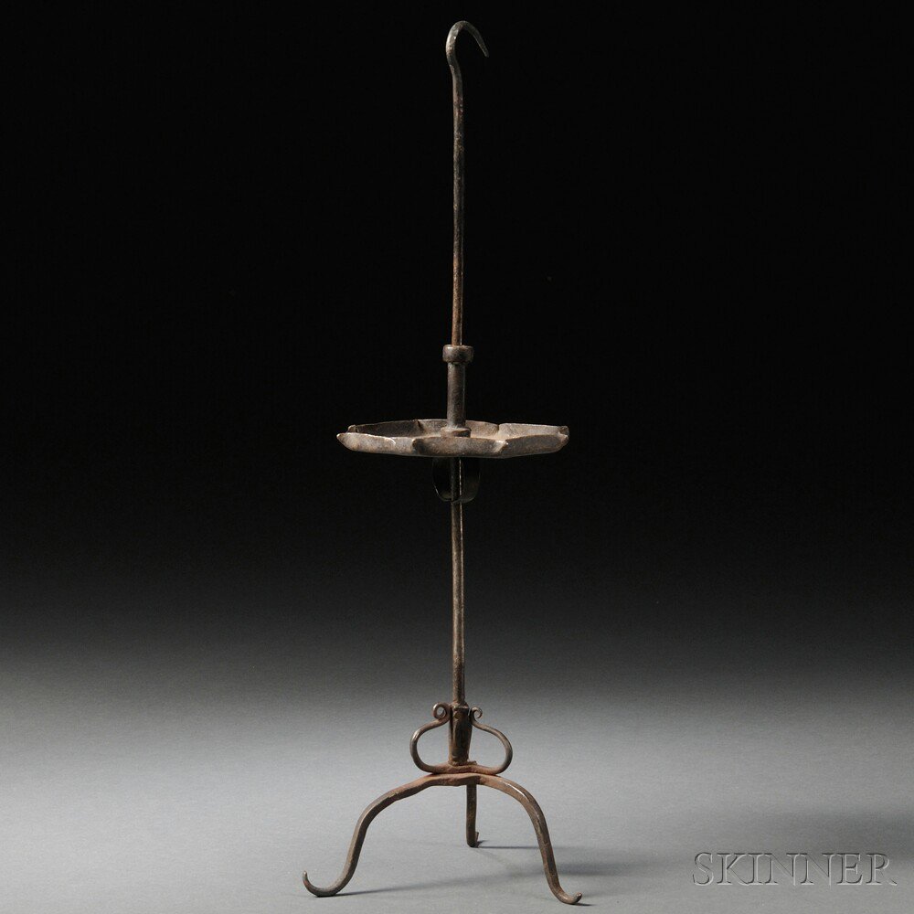 Appraisal: Wrought Iron Adjustable Grease Lamp th century with a hanging