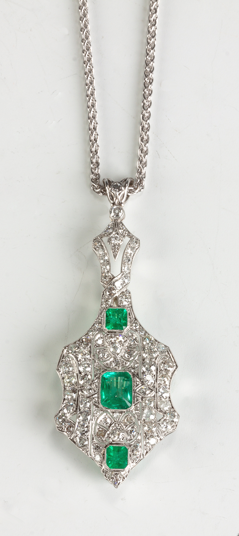 Appraisal: Platinum Antique Edwardian Style Diamond and Natural Emerald Pendant Brooch