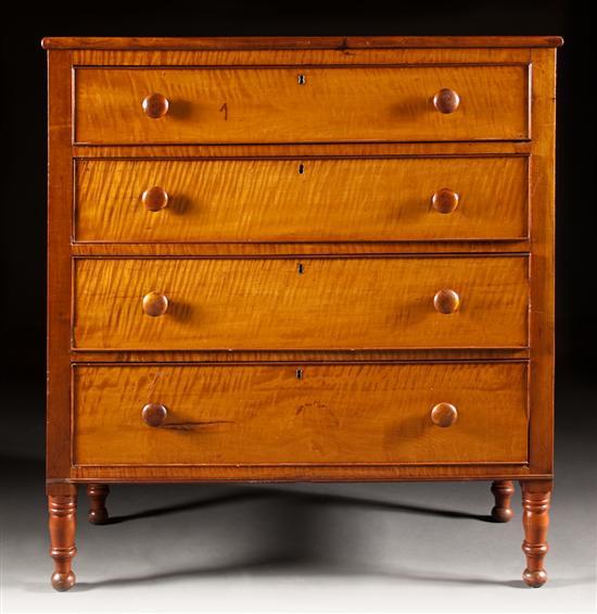 Appraisal: American Classical cherrywood and tiger maple chest of drawers Pennsylvania